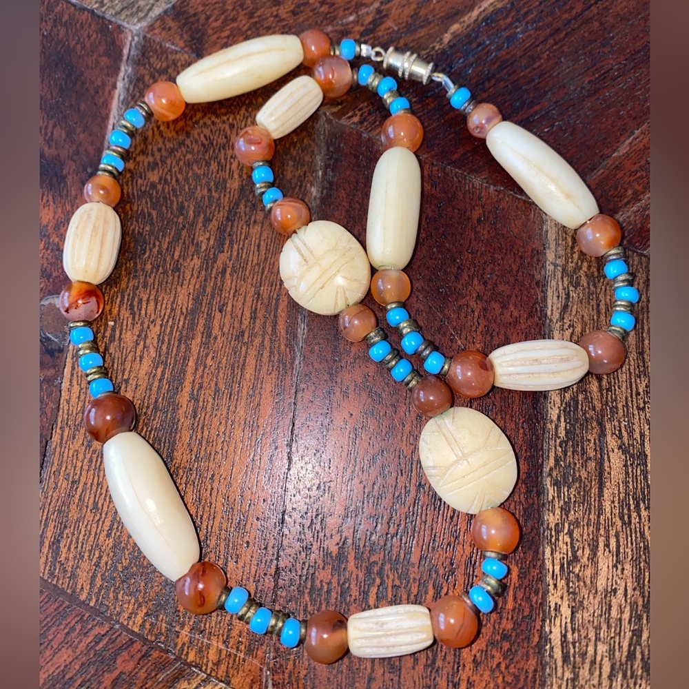 Faux Bone Beaded Necklace Carved Scarab Turquoise Natural Stones 19”.5 vintage